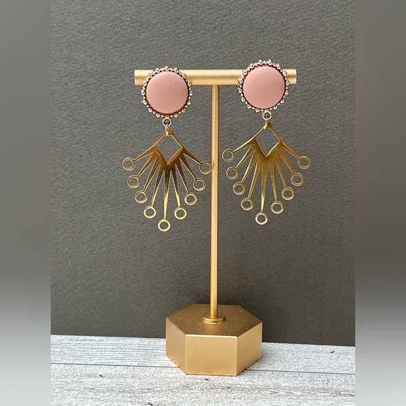 Gold & Pink Art Nouveau-Inspired Dangle Earrings - Trendy Retro Earrings - Picture 4 of 12
